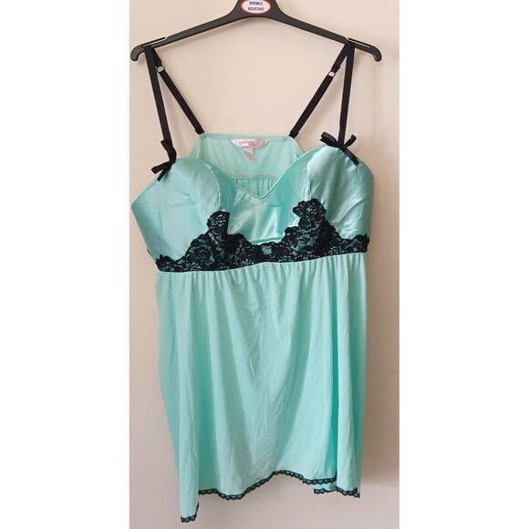 Cacique Intimates‎ Plus Size 22/24 Aqua Blue Satin & Mesh Lace Babydoll Lingerie - Picture 2 of 9